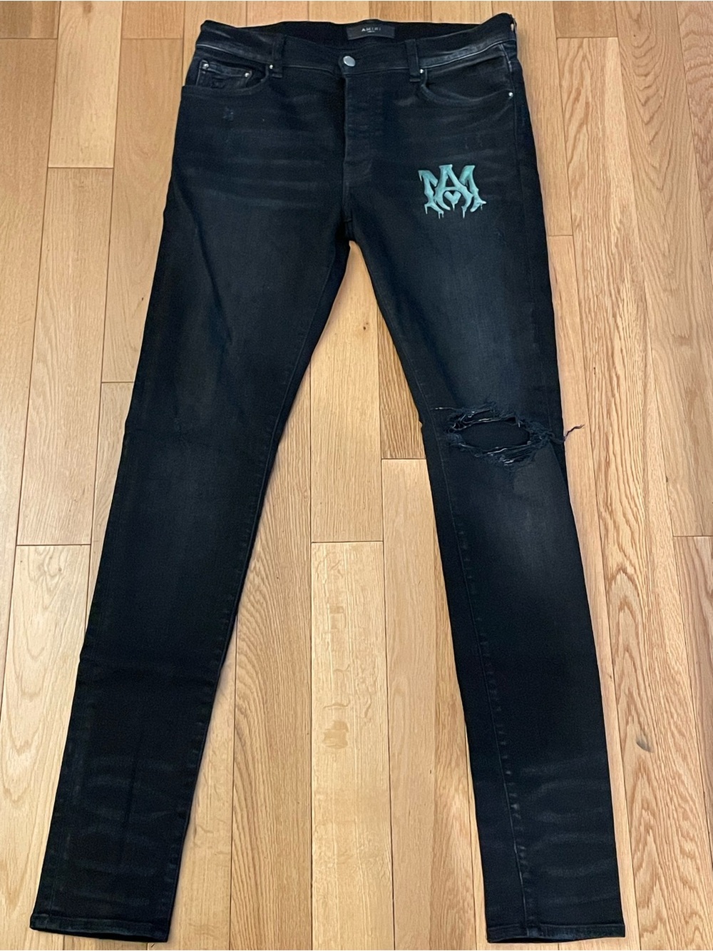 AMIRI Black Skinny Jeans with Teal Graphic